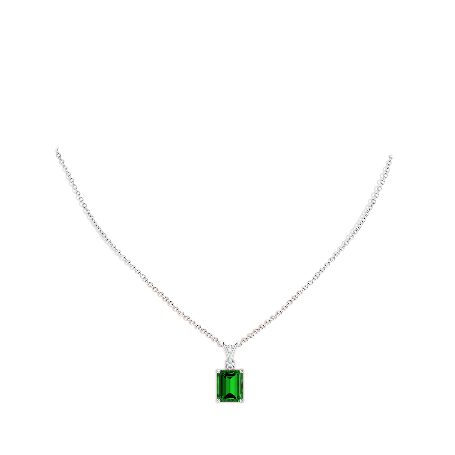 12x10mm Labgrown Lab-Grown Emerald-Cut Emerald Solitaire Pendant with Diamond in White Gold - body_neck