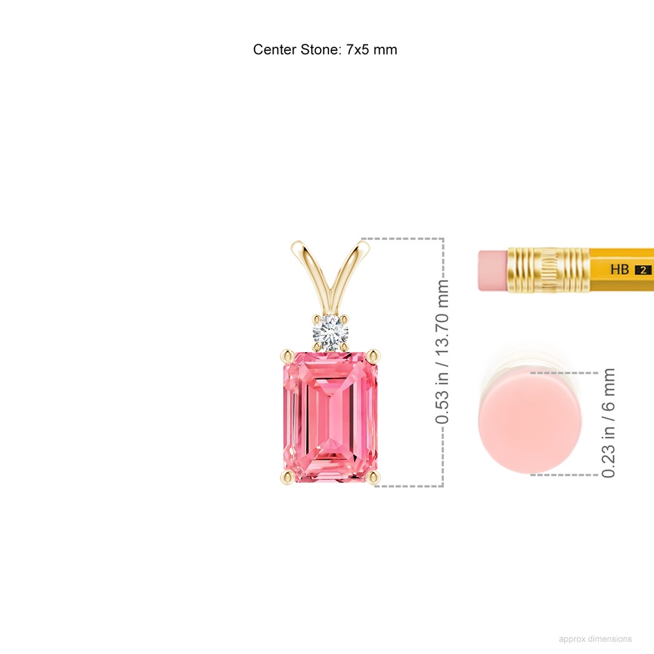 7x5mm Labgrown Emerald-Cut Lab-Grown Fancy Intense Pink Diamond Solitaire Pendant in Yellow Gold ruler