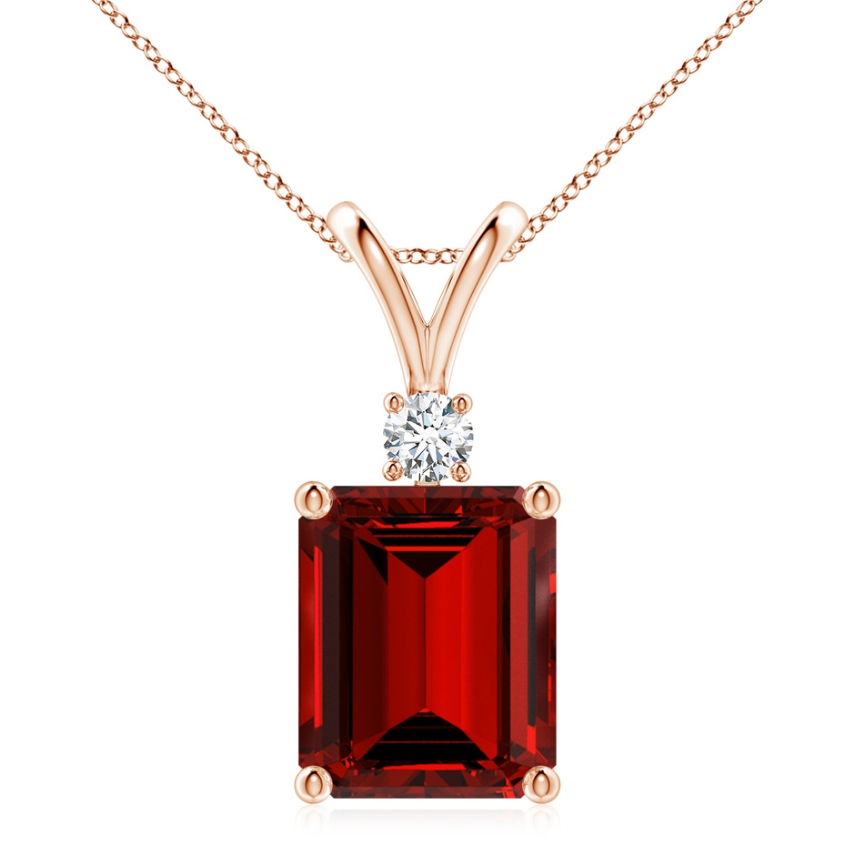 12x10mm Labgrown Lab-Grown Emerald-Cut Ruby Solitaire Pendant with Diamond in Rose Gold 