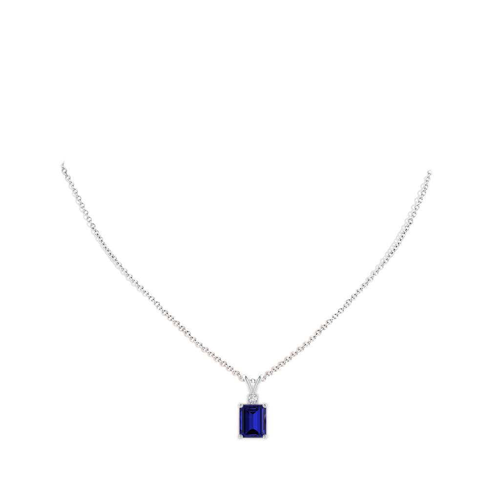 10x8mm Labgrown Lab-Grown Emerald-Cut Blue Sapphire Solitaire Pendant with Diamond in White Gold pen