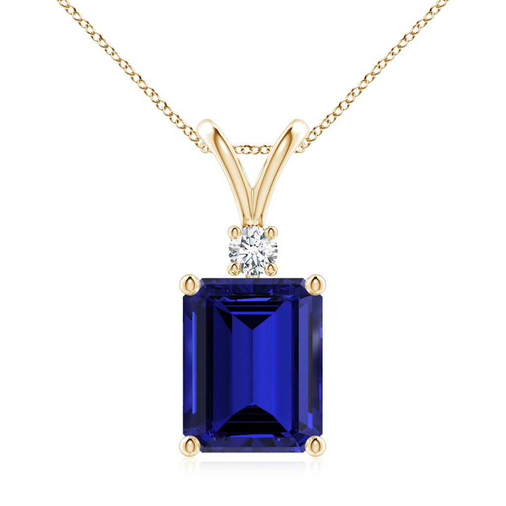 10x8mm Labgrown Lab-Grown Emerald-Cut Blue Sapphire Solitaire Pendant with Diamond in Yellow Gold