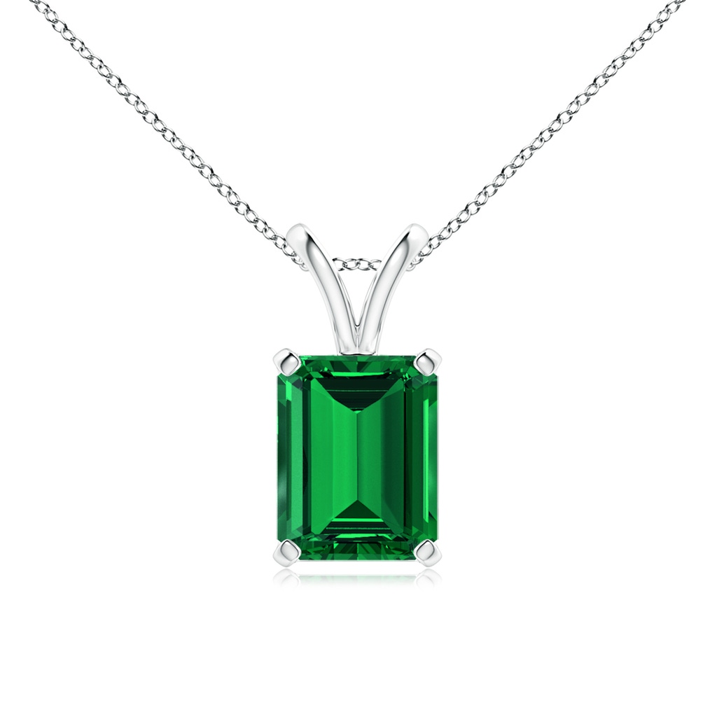 9x7mm Labgrown Lab-Grown Emerald-Cut Emerald Solitaire V-Bale Pendant in White Gold