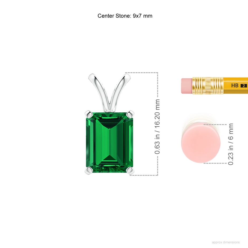 9x7mm Labgrown Lab-Grown Emerald-Cut Emerald Solitaire V-Bale Pendant in White Gold ruler