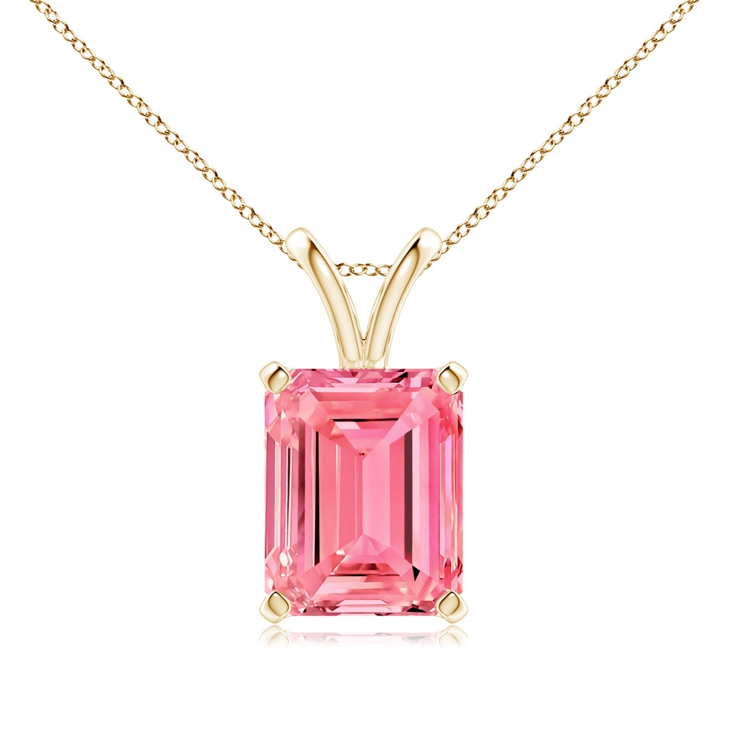 10x7mm Labgrown Emerald-Cut Lab-Grown Fancy Intense Pink Diamond Solitaire V-Bale Pendant in Yellow Gold