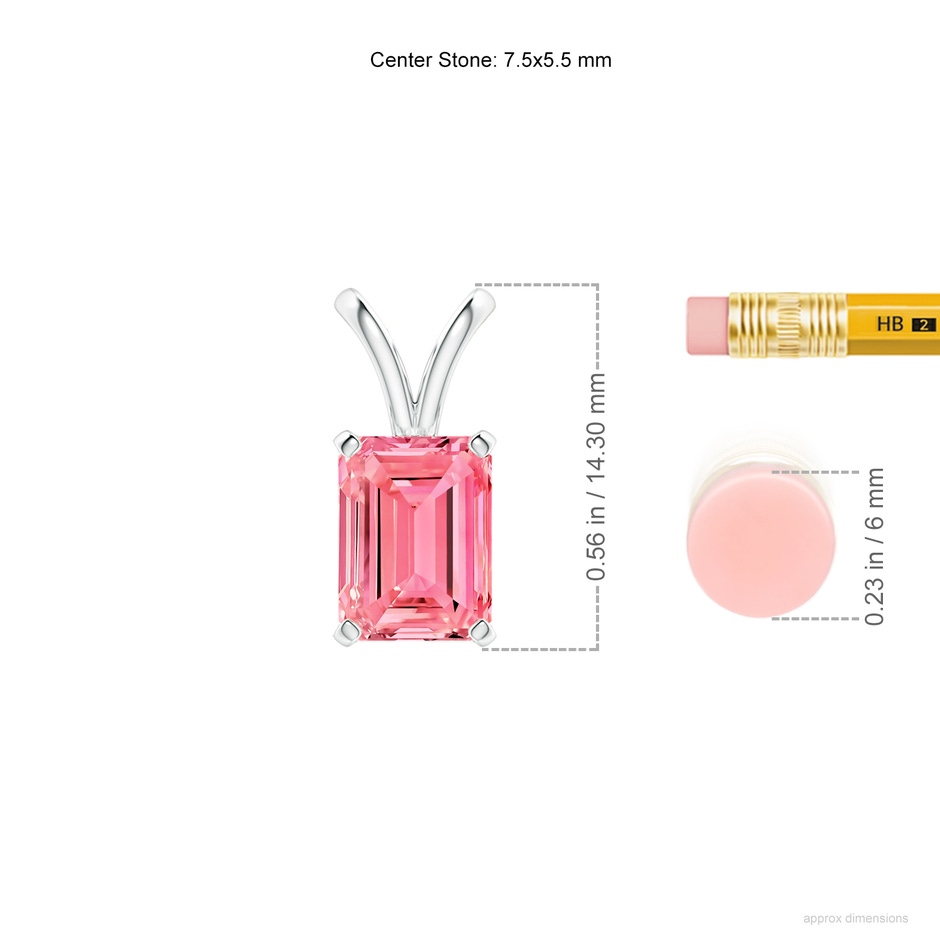 7.5x5.5mm Labgrown Emerald-Cut Lab-Grown Fancy Intense Pink Diamond Solitaire V-Bale Pendant in 18K White Gold ruler