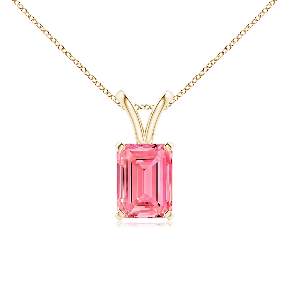 7.5x5.5mm Labgrown Emerald-Cut Lab-Grown Fancy Intense Pink Diamond Solitaire V-Bale Pendant in Yellow Gold 