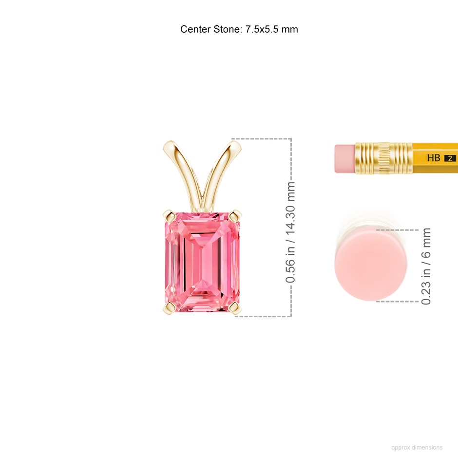 7.5x5.5mm Labgrown Emerald-Cut Lab-Grown Fancy Intense Pink Diamond Solitaire V-Bale Pendant in Yellow Gold ruler