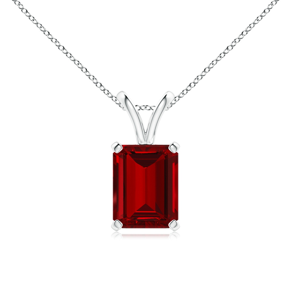 9x7mm Labgrown Lab-Grown Emerald-Cut Ruby Solitaire V-Bale Pendant in White Gold
