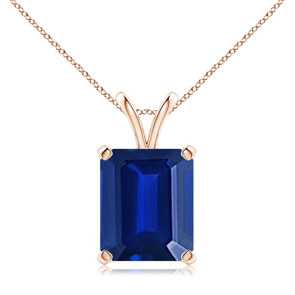 12x10mm Labgrown Lab-Grown Emerald-Cut Blue Sapphire Solitaire V-Bale Pendant in 18K Rose Gold 