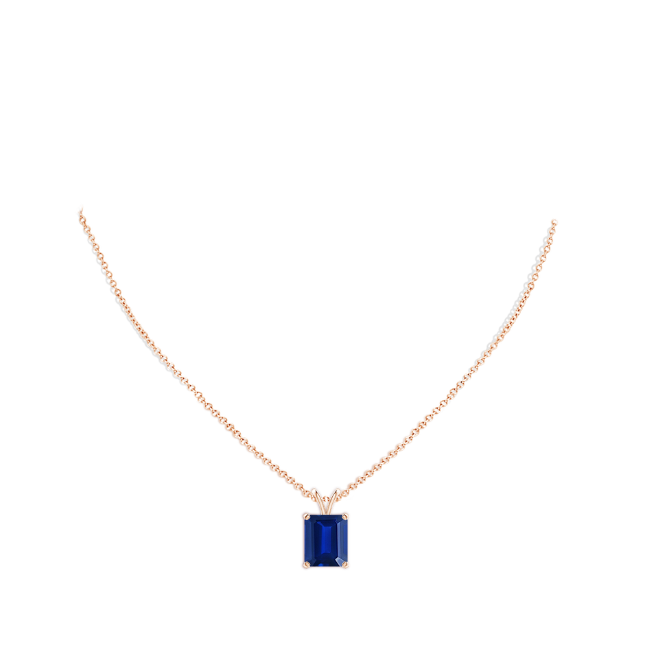 12x10mm Labgrown Lab-Grown Emerald-Cut Blue Sapphire Solitaire V-Bale Pendant in 18K Rose Gold pen