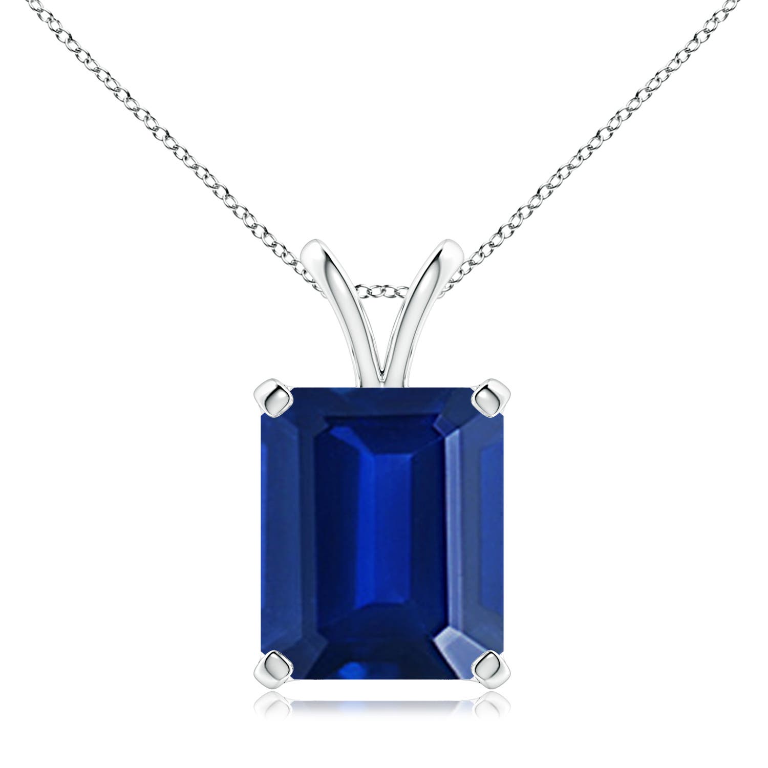 12x10mm Labgrown Lab-Grown Emerald-Cut Blue Sapphire Solitaire V-Bale Pendant in White Gold