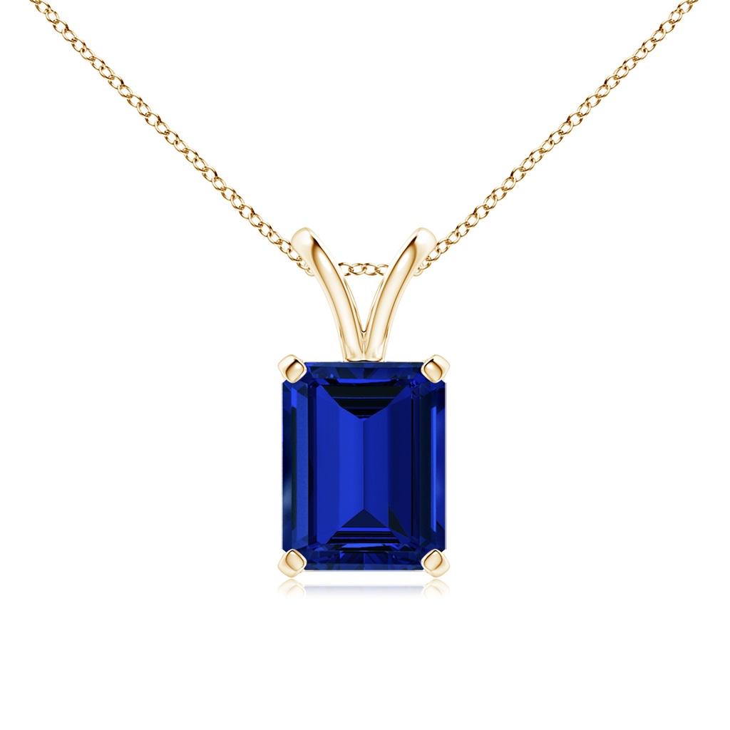 9x7mm Labgrown Lab-Grown Emerald-Cut Blue Sapphire Solitaire V-Bale Pendant in Yellow Gold