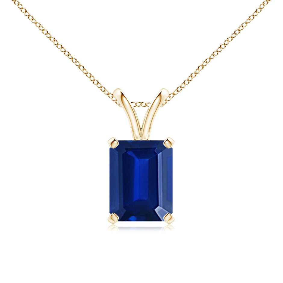 9x7mm Labgrown Lab-Grown Emerald-Cut Blue Sapphire Solitaire V-Bale Pendant in Yellow Gold 