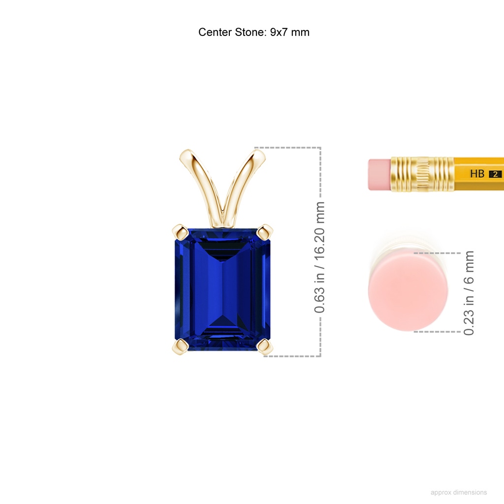 9x7mm Labgrown Lab-Grown Emerald-Cut Blue Sapphire Solitaire V-Bale Pendant in Yellow Gold ruler
