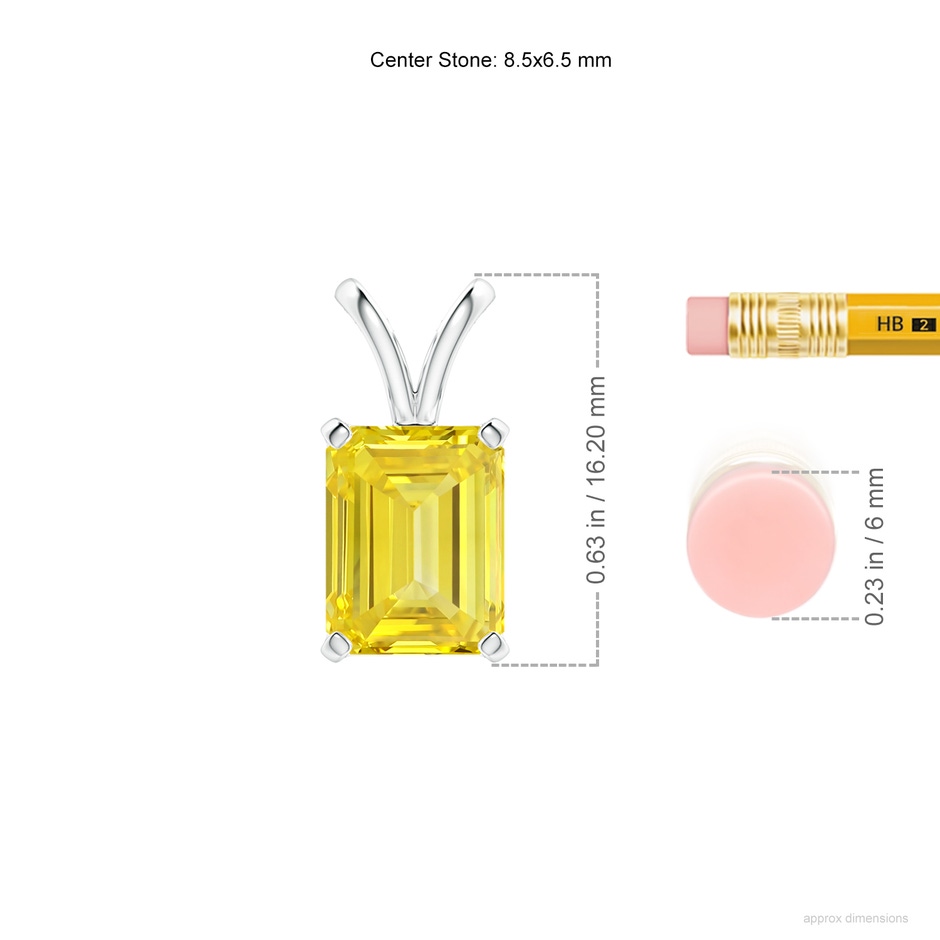 8.5x6.5mm Labgrown Emerald-Cut Lab-Grown Fancy Intense Yellow Diamond Solitaire V-Bale Pendant in White Gold ruler