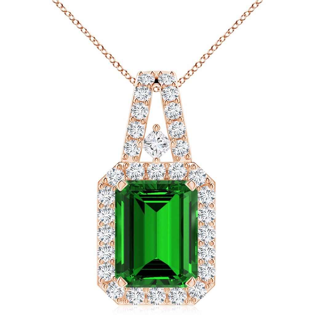 10x8mm Labgrown Lab-Grown Emerald-Cut Emerald Halo Pendant in Rose Gold