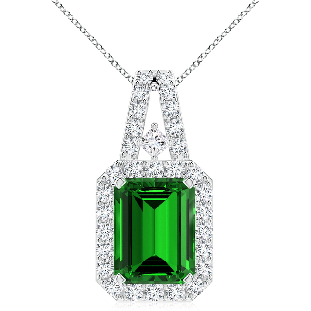10x8mm Labgrown Lab-Grown Emerald-Cut Emerald Halo Pendant in White Gold