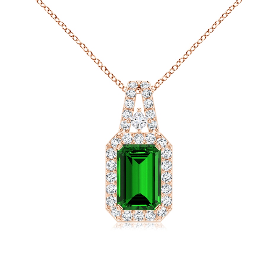 6x4mm Labgrown Lab-Grown Emerald-Cut Emerald Halo Pendant in Rose Gold 