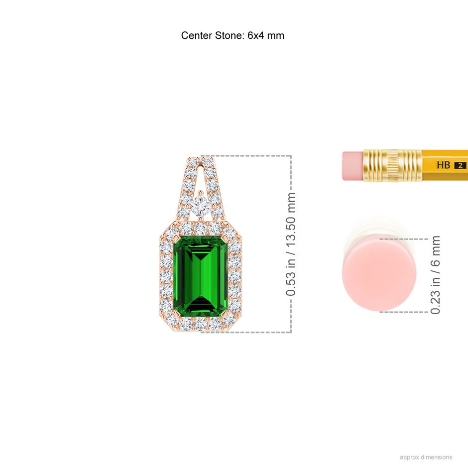 6x4mm Labgrown Lab-Grown Emerald-Cut Emerald Halo Pendant in Rose Gold ruler