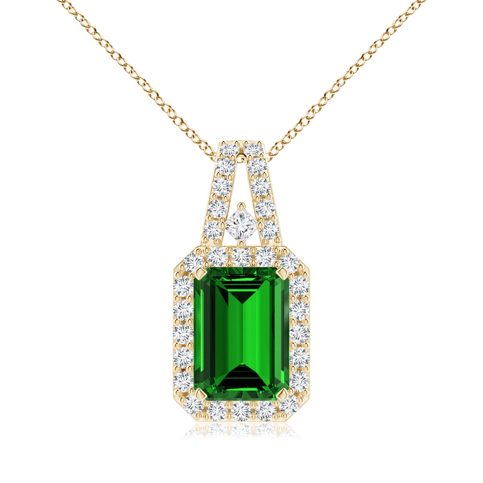 7x5mm Labgrown Lab-Grown Emerald-Cut Emerald Halo Pendant in Yellow Gold 