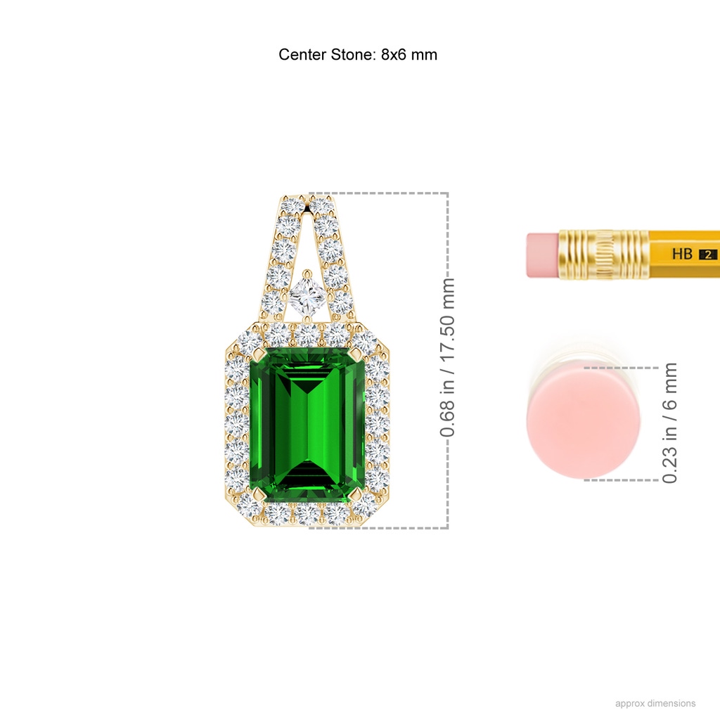 8x6mm Labgrown Lab-Grown Emerald-Cut Emerald Halo Pendant in Yellow Gold ruler
