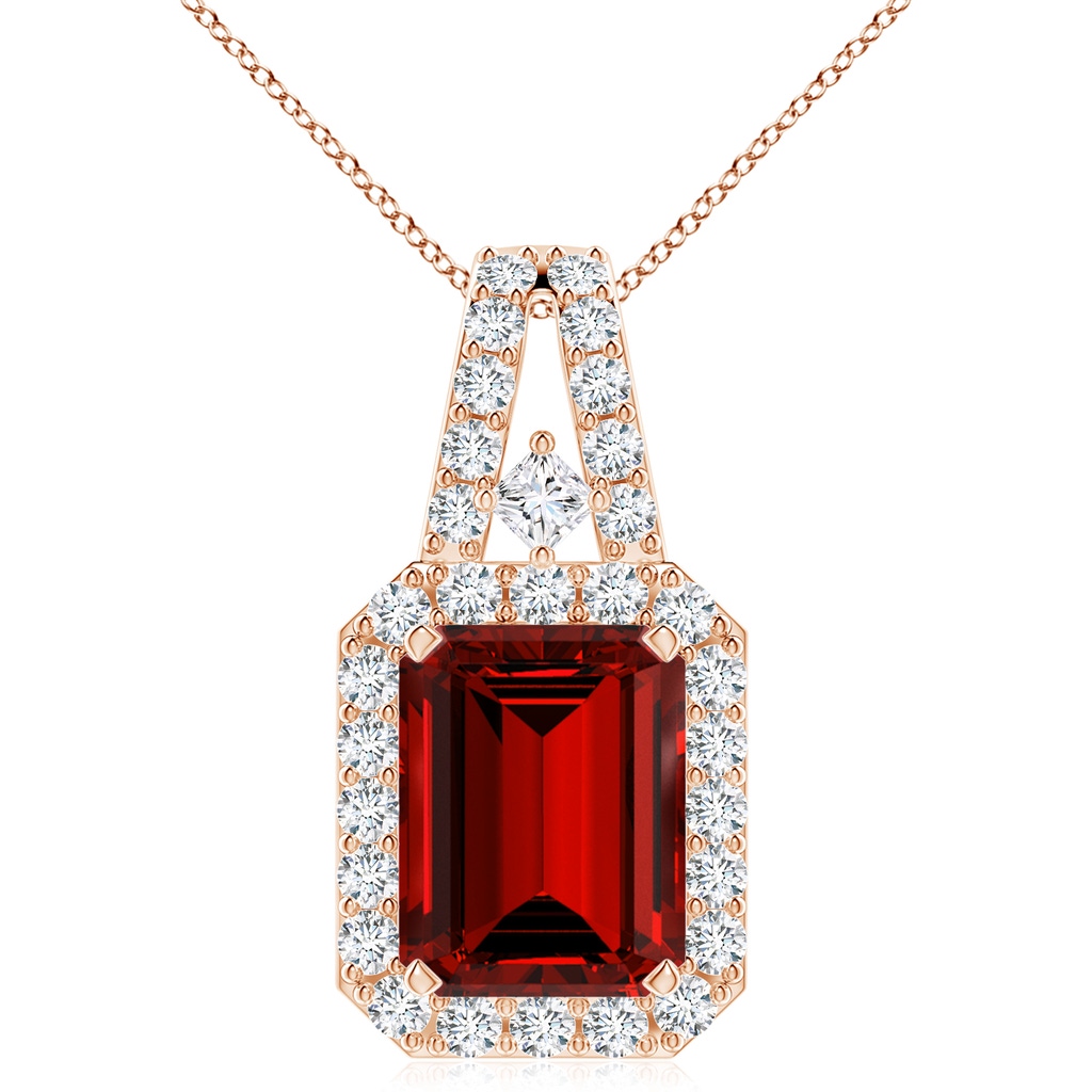 10x8mm Labgrown Lab-Grown Emerald-Cut Ruby Halo Pendant in Rose Gold
