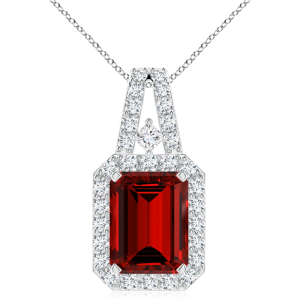 10x8mm Labgrown Lab-Grown Emerald-Cut Ruby Halo Pendant in S999 Silver
