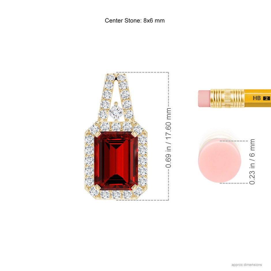 8x6mm Labgrown Lab-Grown Emerald-Cut Ruby Halo Pendant in Yellow Gold ruler