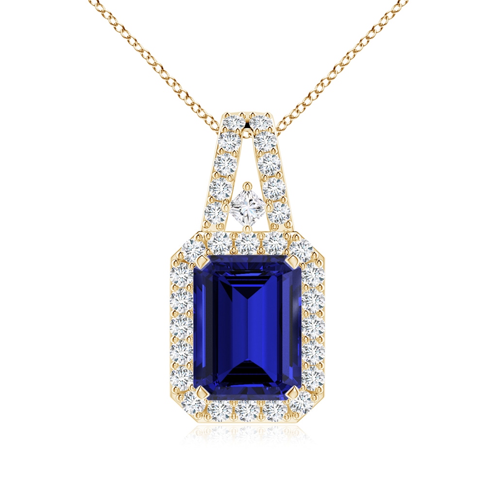 8x6mm Labgrown Lab-Grown Emerald-Cut Blue Sapphire Halo Pendant in Yellow Gold 