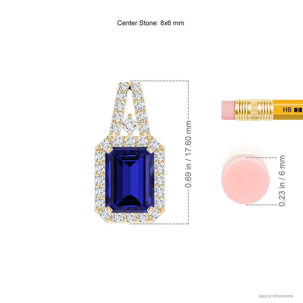 8x6mm Labgrown Lab-Grown Emerald-Cut Blue Sapphire Halo Pendant in Yellow Gold ruler