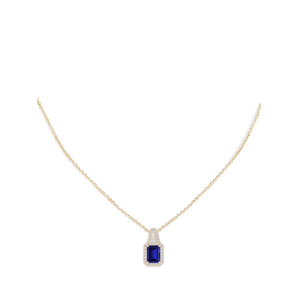 8x6mm Labgrown Lab-Grown Emerald-Cut Blue Sapphire Halo Pendant in Yellow Gold pen