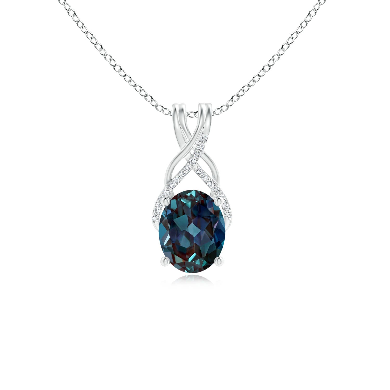 10x8mm Labgrown Oval Lab-Grown Alexandrite Criss Cross Pendant with Diamonds in 18K White Gold