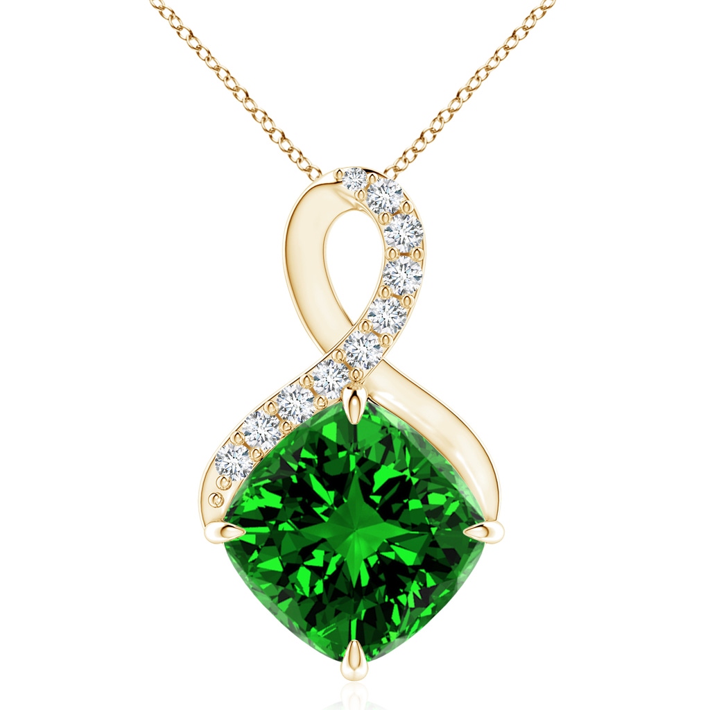 10mm Labgrown Lab-Grown Claw-Set Emerald Infinity Pendant with Diamonds in Yellow Gold