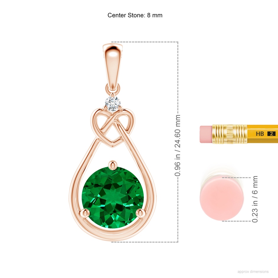 8mm Labgrown Lab-Grown Emerald Knotted Heart Pendant with Lab Diamond in 18K Rose Gold ruler