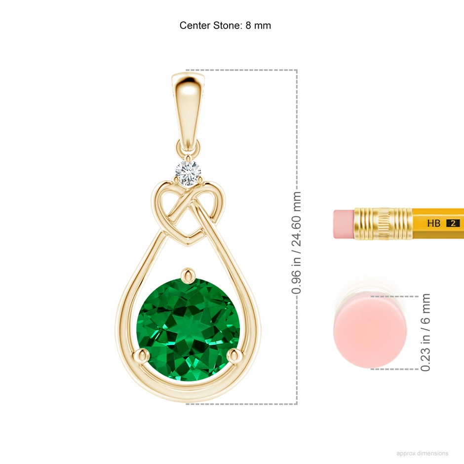 8mm Labgrown Lab-Grown Emerald Knotted Heart Pendant with Lab Diamond in 18K Yellow Gold ruler