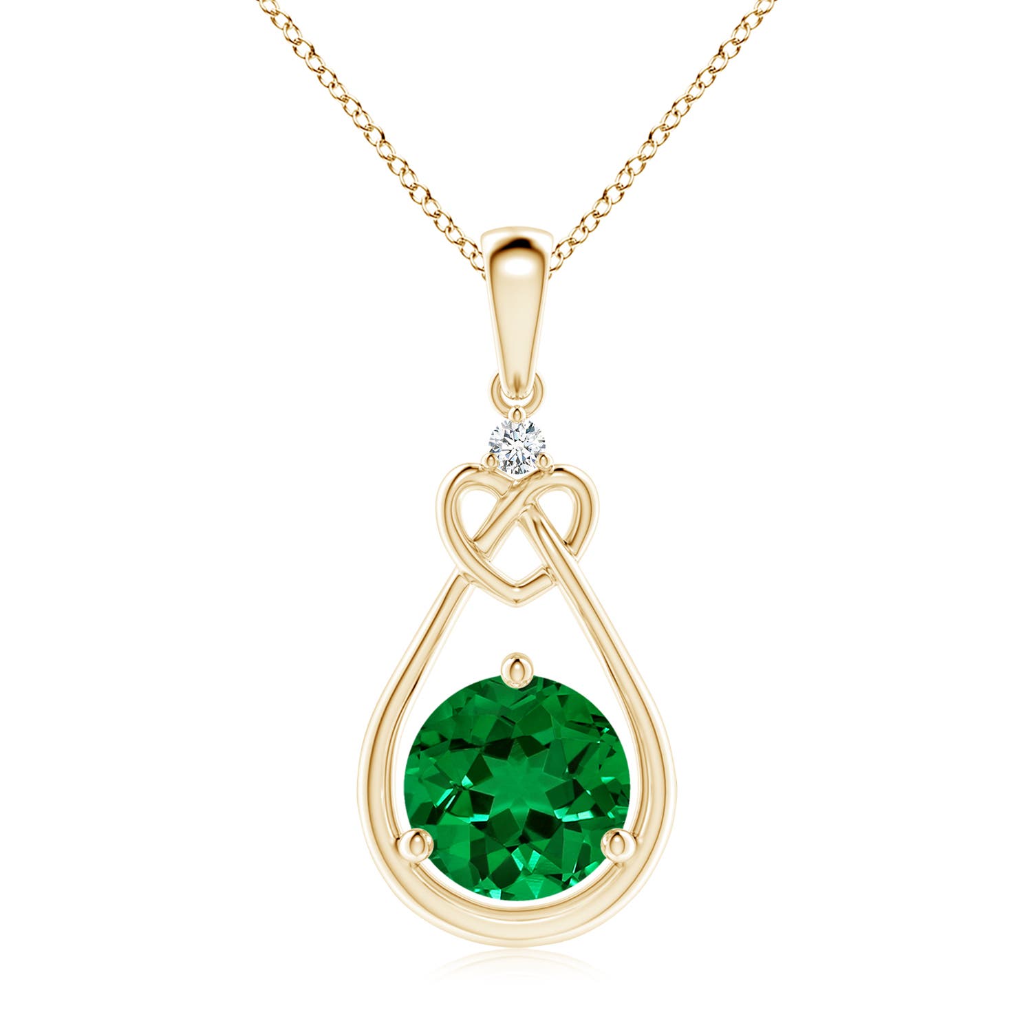 8mm Labgrown Lab-Grown Emerald Knotted Heart Pendant with Lab Diamond in Yellow Gold