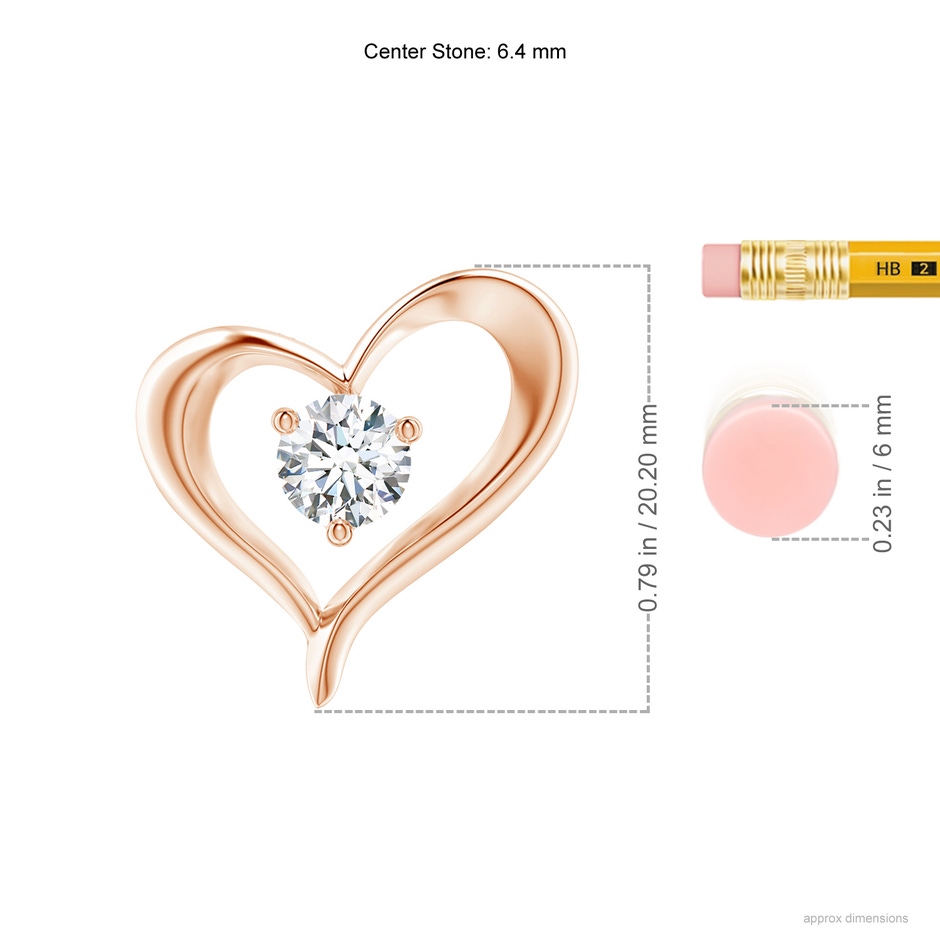 6.4mm FGVS Lab-Grown Solitaire Diamond Ribbon Heart Pendant in 18K Rose Gold ruler
