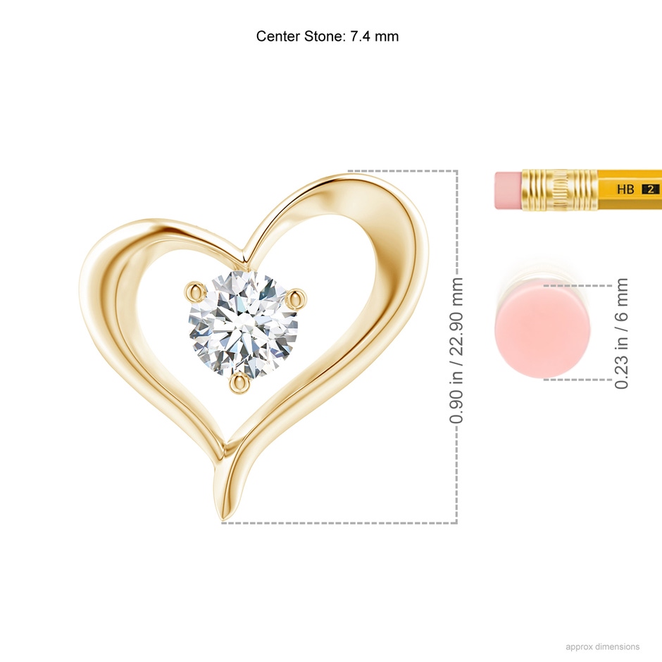 7.4mm FGVS Lab-Grown Solitaire Diamond Ribbon Heart Pendant in Yellow Gold ruler