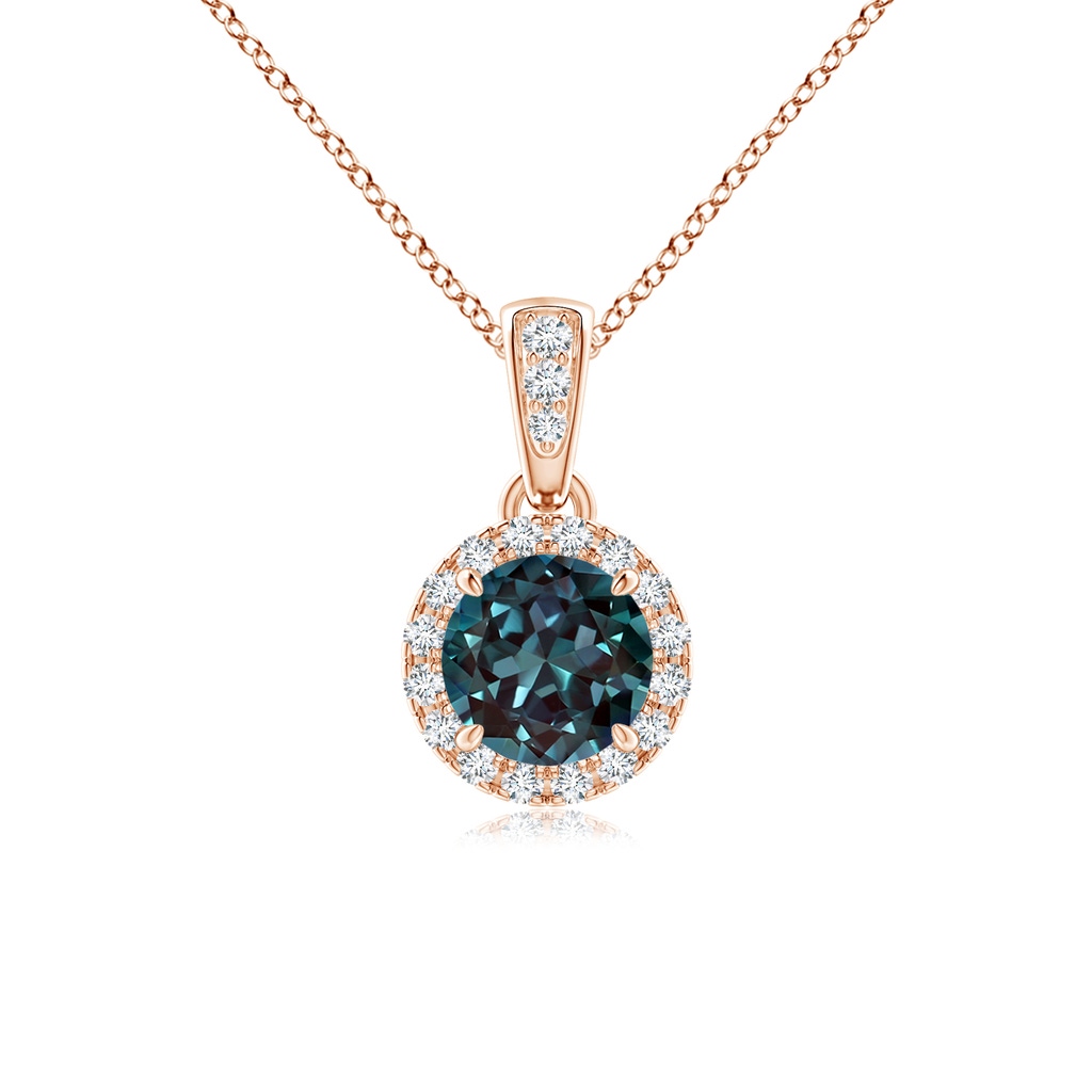 5mm Labgrown Claw-Set Round Lab-Grown Alexandrite Pendant with Diamond Halo in Rose Gold