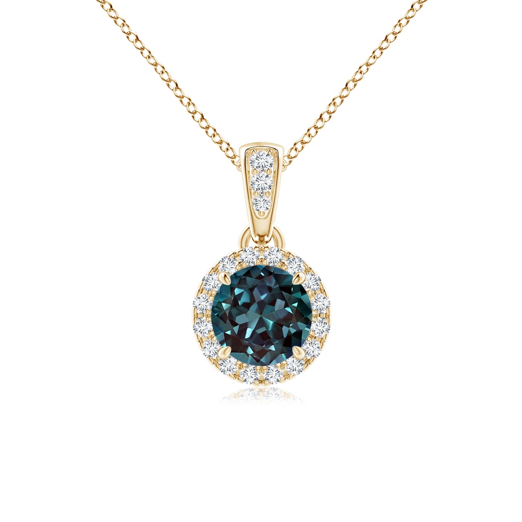 5mm Labgrown Claw-Set Round Lab-Grown Alexandrite Pendant with Diamond Halo in Yellow Gold