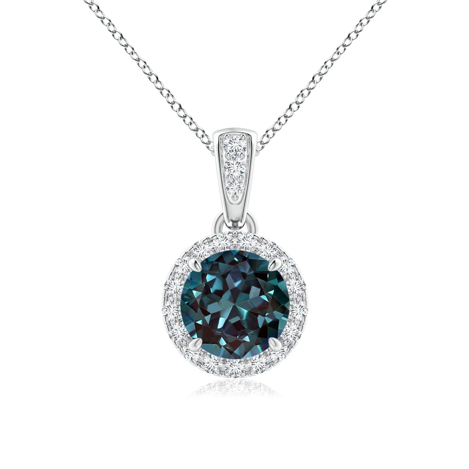 6mm Labgrown Claw-Set Round Lab-Grown Alexandrite Pendant with Diamond Halo in 18K White Gold