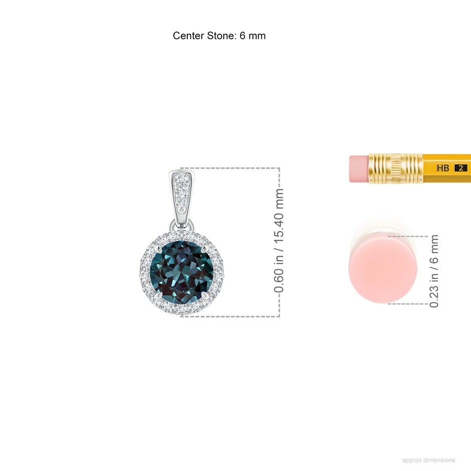 6mm Labgrown Claw-Set Round Lab-Grown Alexandrite Pendant with Diamond Halo in 18K White Gold ruler