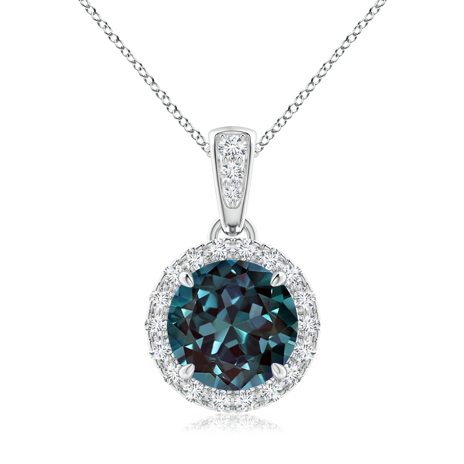 7mm Labgrown Claw-Set Round Lab-Grown Alexandrite Pendant with Diamond Halo in 18K White Gold