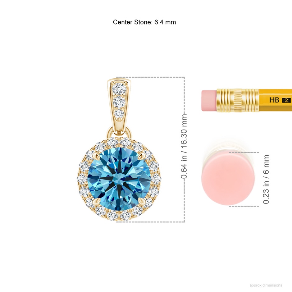6.4mm Labgrown Claw-Set Round Lab-Grown Fancy Intense Blue Diamond Pendant with Halo in 18K Yellow Gold ruler