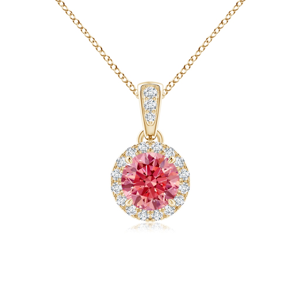 4.9mm Labgrown Claw-Set Round Lab-Grown Fancy Intense Pink Diamond Pendant with Halo in Yellow Gold