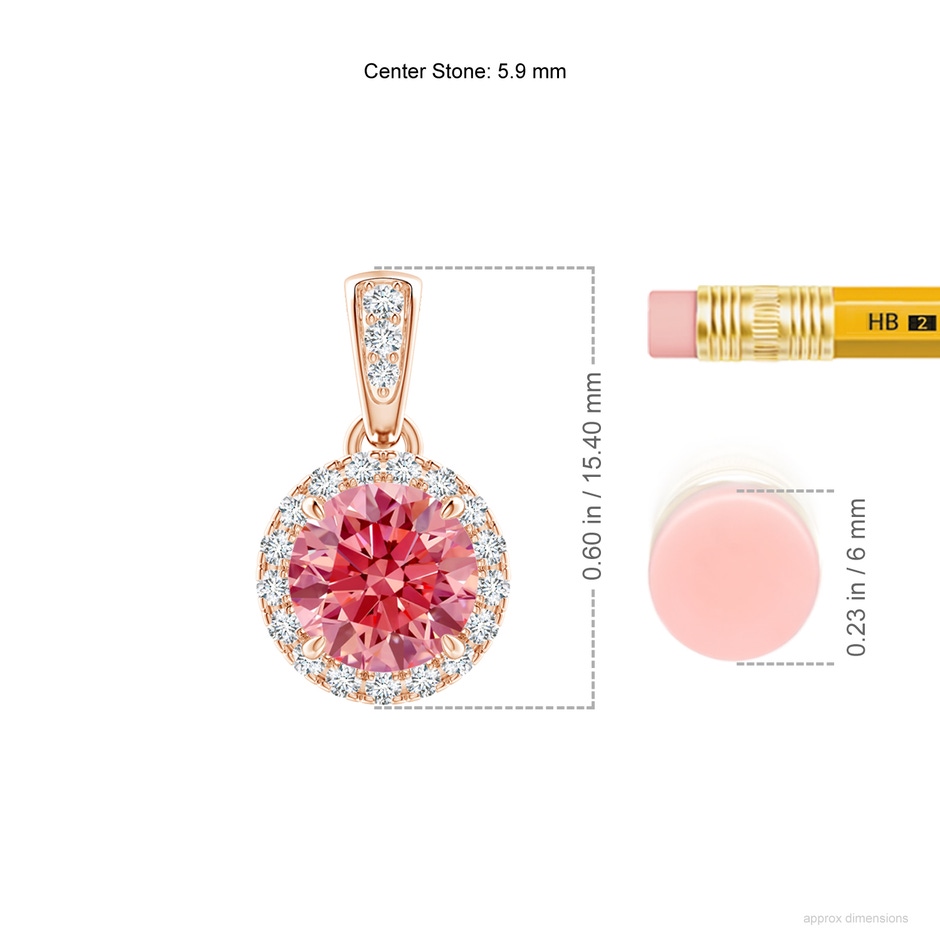 5.9mm Labgrown Claw-Set Round Lab-Grown Fancy Intense Pink Diamond Pendant with Halo in Rose Gold ruler