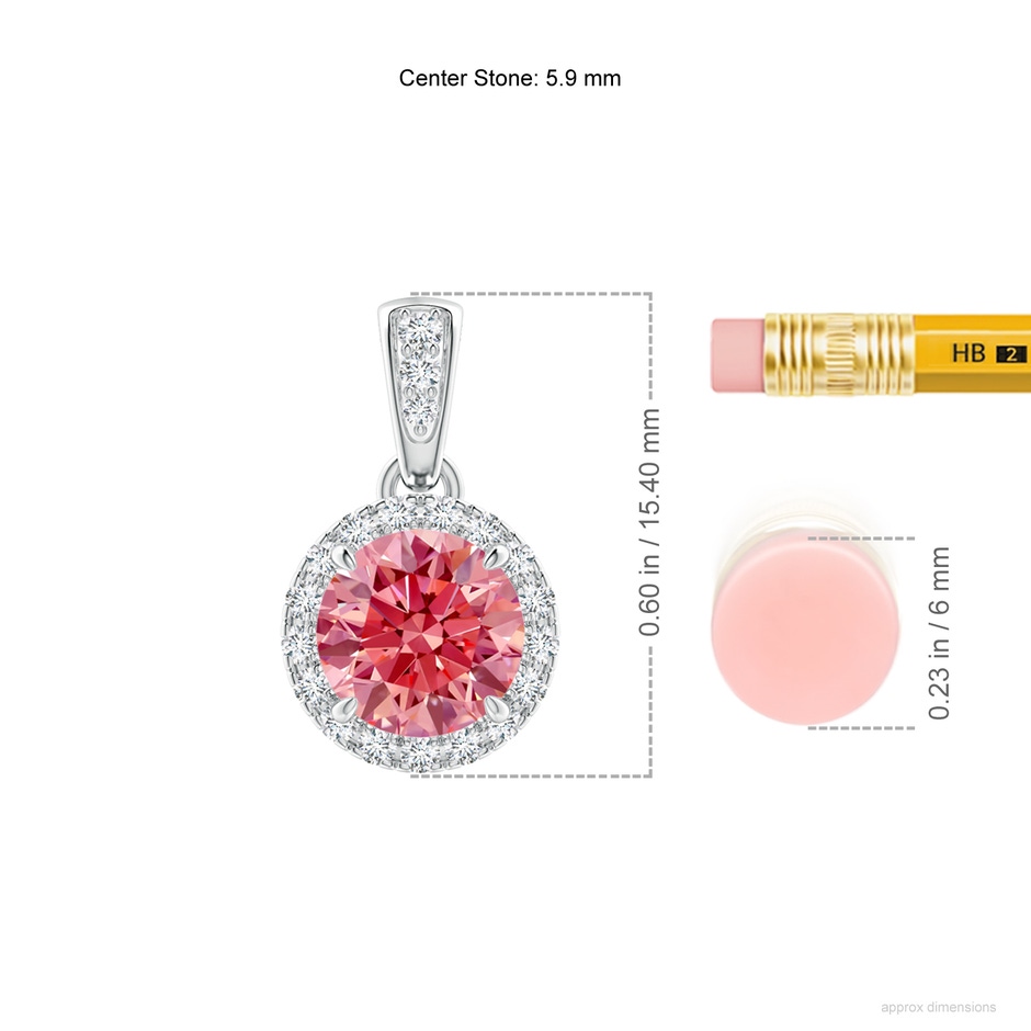 5.9mm Labgrown Claw-Set Round Lab-Grown Fancy Intense Pink Diamond Pendant with Halo in White Gold ruler