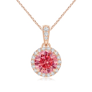 6.4mm Labgrown Claw-Set Round Lab-Grown Fancy Intense Pink Diamond Pendant with Halo in Rose Gold