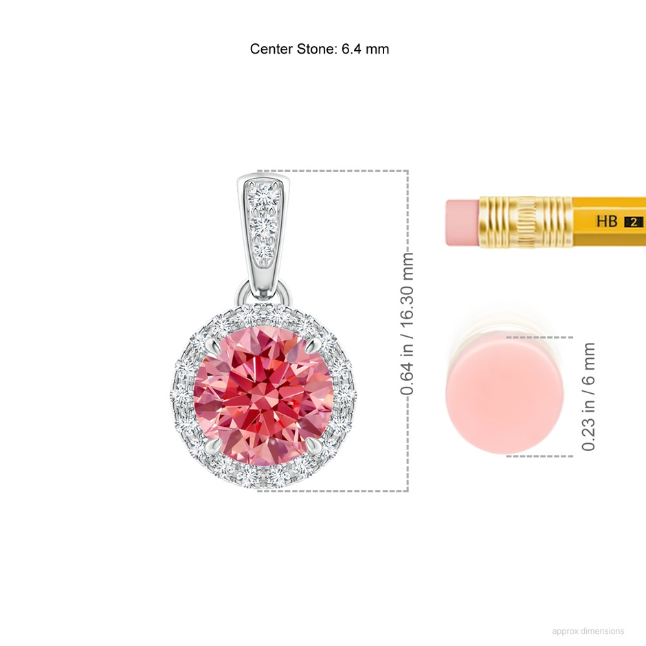 6.4mm Labgrown Claw-Set Round Lab-Grown Fancy Intense Pink Diamond Pendant with Halo in White Gold ruler
