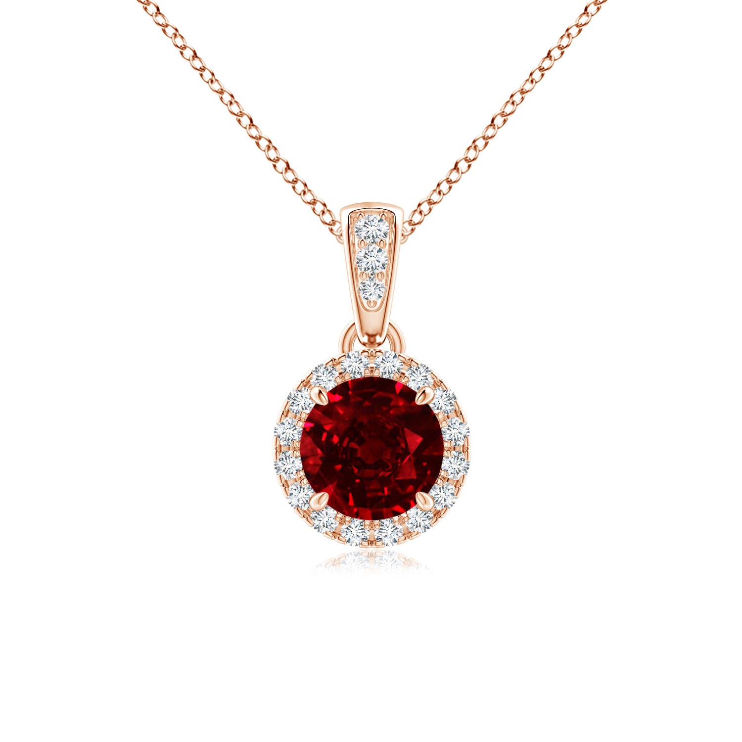 Runder Rubinanhänger (5 mm) mit Diamant-Halo in Krappenfassung aus im Labor gezüchtetem Material, 18 Karat Roségold